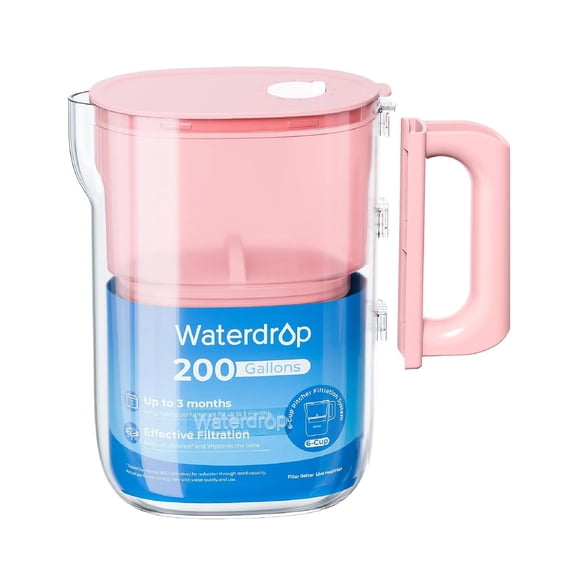 Waterdrop PT-12P Small 6-Cup Water Filter Pitcher for Mini Fridge, Pink, NSF-Certified Filter, 200-Gallon Long-Life, Reduces PFOA/PFOS and Chlorine, BPA-Free, Easy 2-Step Handle Setup