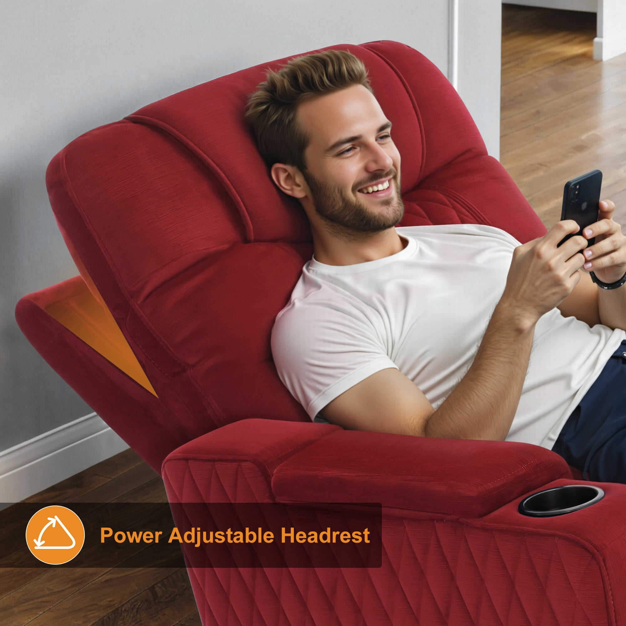 MCombo Power Recliner Chair with Power Headrest, LED Light, Armrest Storage for Living Room & Home Theater, Velvet, Red