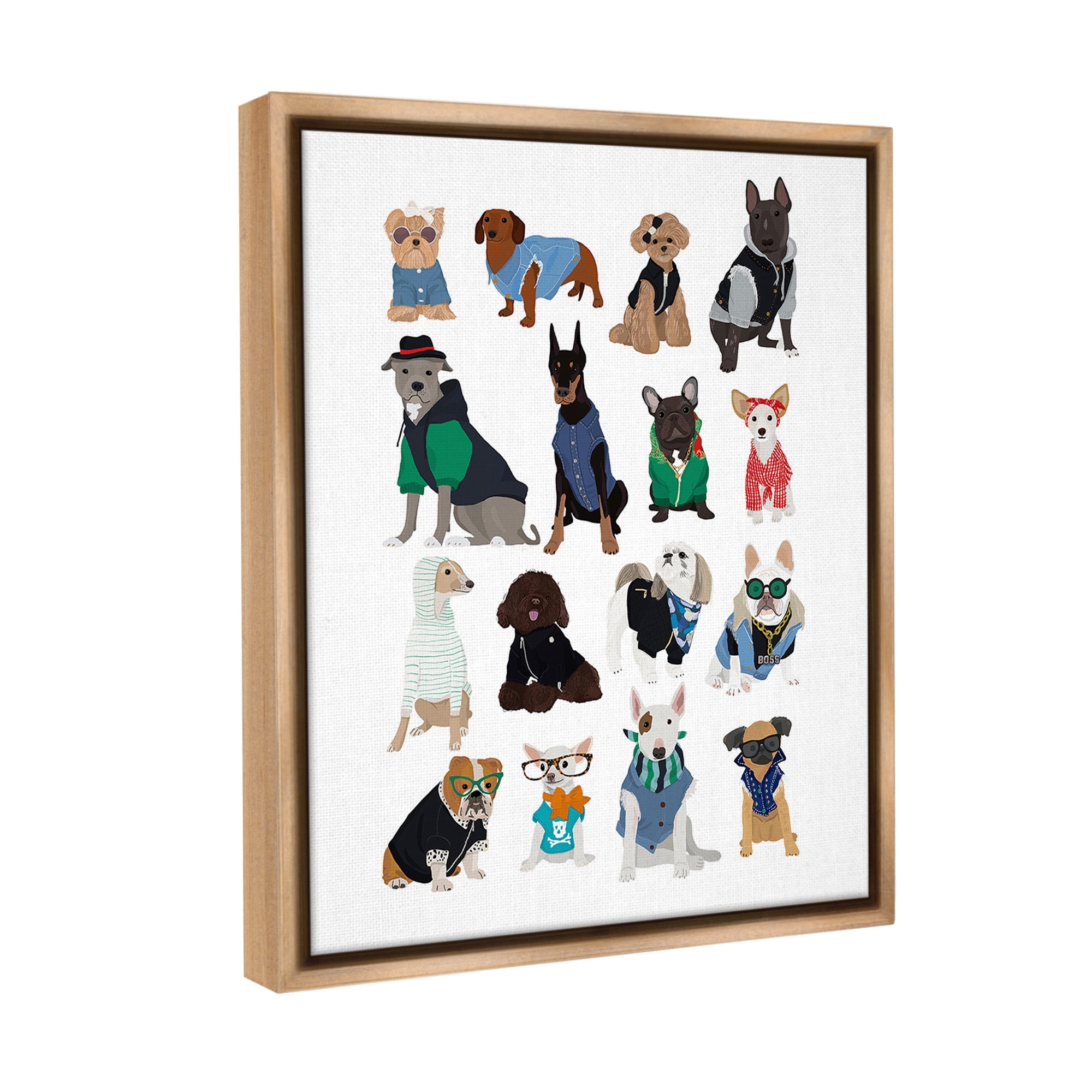 Stupell Industries Dogs with Various Fashion Animals & Insects Painting Brown Floater Framed Canvas Art Print Wall Art, 17 x 21