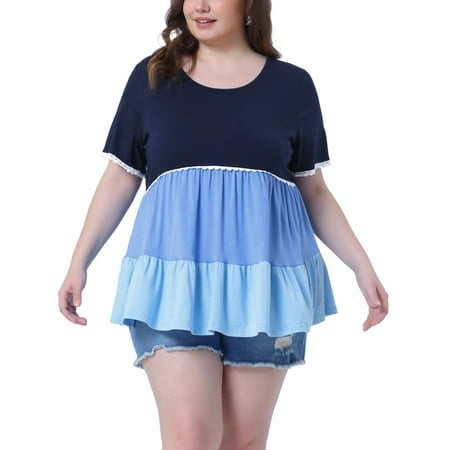 Agnes Orinda Women s Plus Size Babydoll Ruffle Tops Lace Trim Tiered Crew Neck Short Sleeve Casual Flowy Blouses 3X Blue