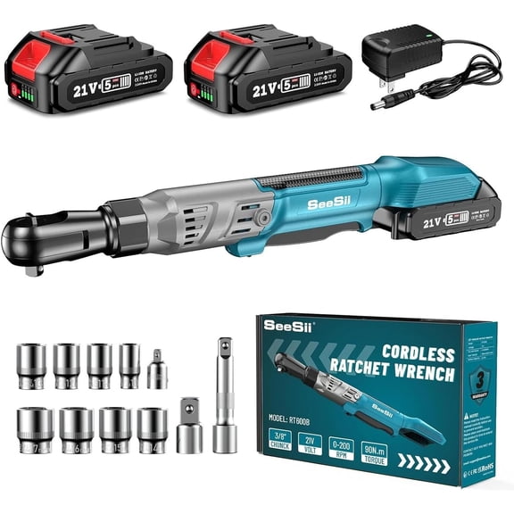Seesii 3/8" Cordless Ratchet Wrench 21V 66FT-LBS 90Nm Variable Speed LED Light Kit for Auto Repair 2x2000mah Battery