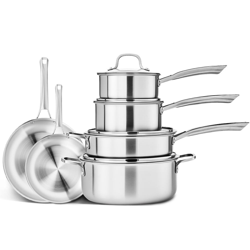 Ktaxon 10-Piece Stainless Steel Cookware Set, 3 Ply Pots and Pans Kitchen Set, Oven Dishwasher Safe, Compatible for Most Cooktops