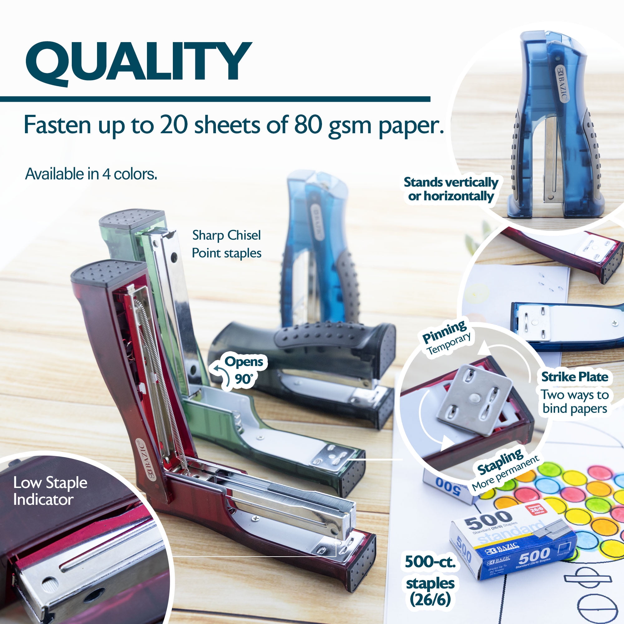 BAZIC Stand-Up Stapler w/500 Staples, Standard (26/6), Soft Grip, 12-Pack