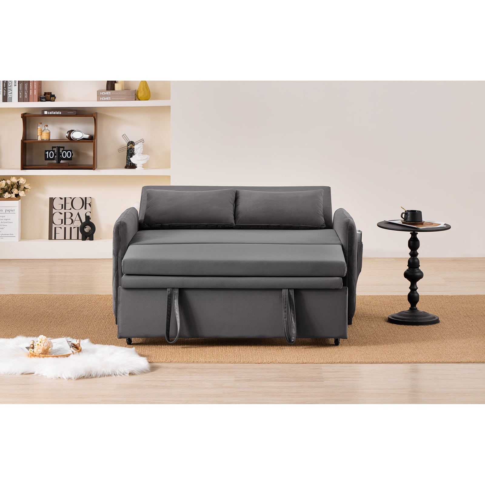 Leumius 3 in 1 Convertible Sleeper Sofa Bed, Modern Convertible Sofa Bed with 5-Position Adjustable Backrest,Velvet Pull Out Couch with Pull Out Bed for Living Room Furniture,Gray