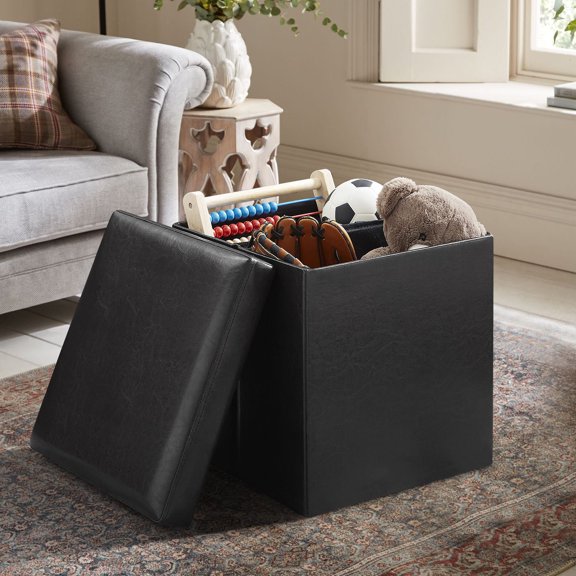 Bonzy Home Folding Ottomans Bench Storage Ottoman Footrest Small Footstool for Living Room Bedroom, Black