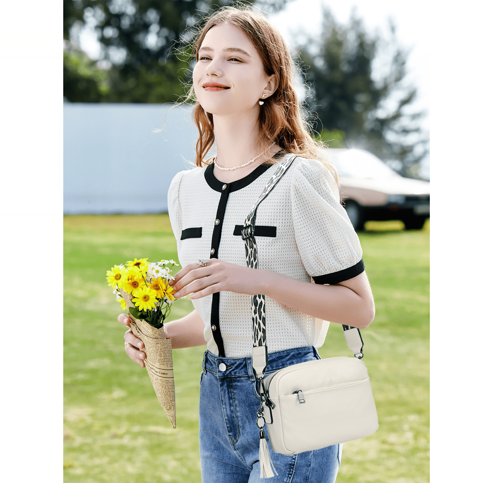 KL928 Leather Crossbody Bag for Women Ladies Wide Strap Shoulder Bag Small Purses and Handbags(Beige)