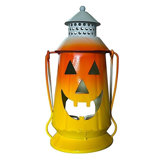 Halloween Candle Holder Jack O Lantern Candy Cane Design Metal Rustic Decor Hanging Tabletop Indoor Outdoor 10"x5.5"