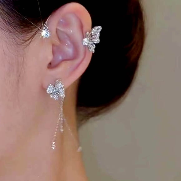 TIMIFIS Earrings Butterfly Tassel Flower Ear Hanging French Fashion No Pierced Earrings Earrings Ear Clips - Summer