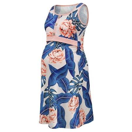

asdoklhq Maternity Dress Ladies Fashion Plant Flowers Print Sleeveless Maternity Breastfeeding Woman Clothe Dress
