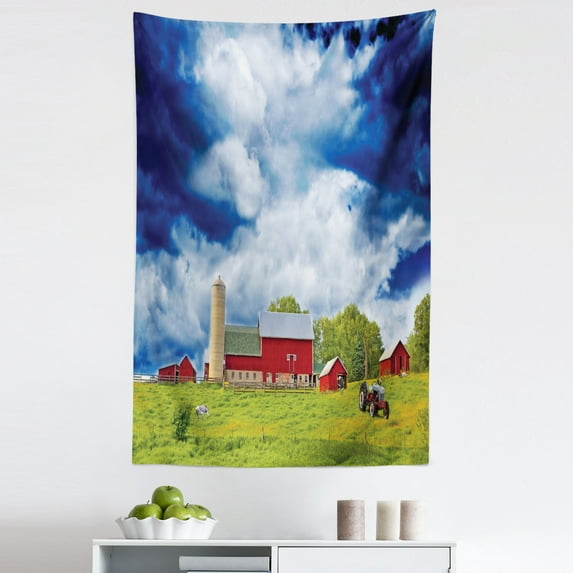 Country Tapestry, Landscape Scenery View Warehouse Barn Clear Clouds Fields Photo, Fabric Wall Hanging Decor for Bedroom Living Room Dorm, 5 Sizes, Apple Green White, by Ambesonne