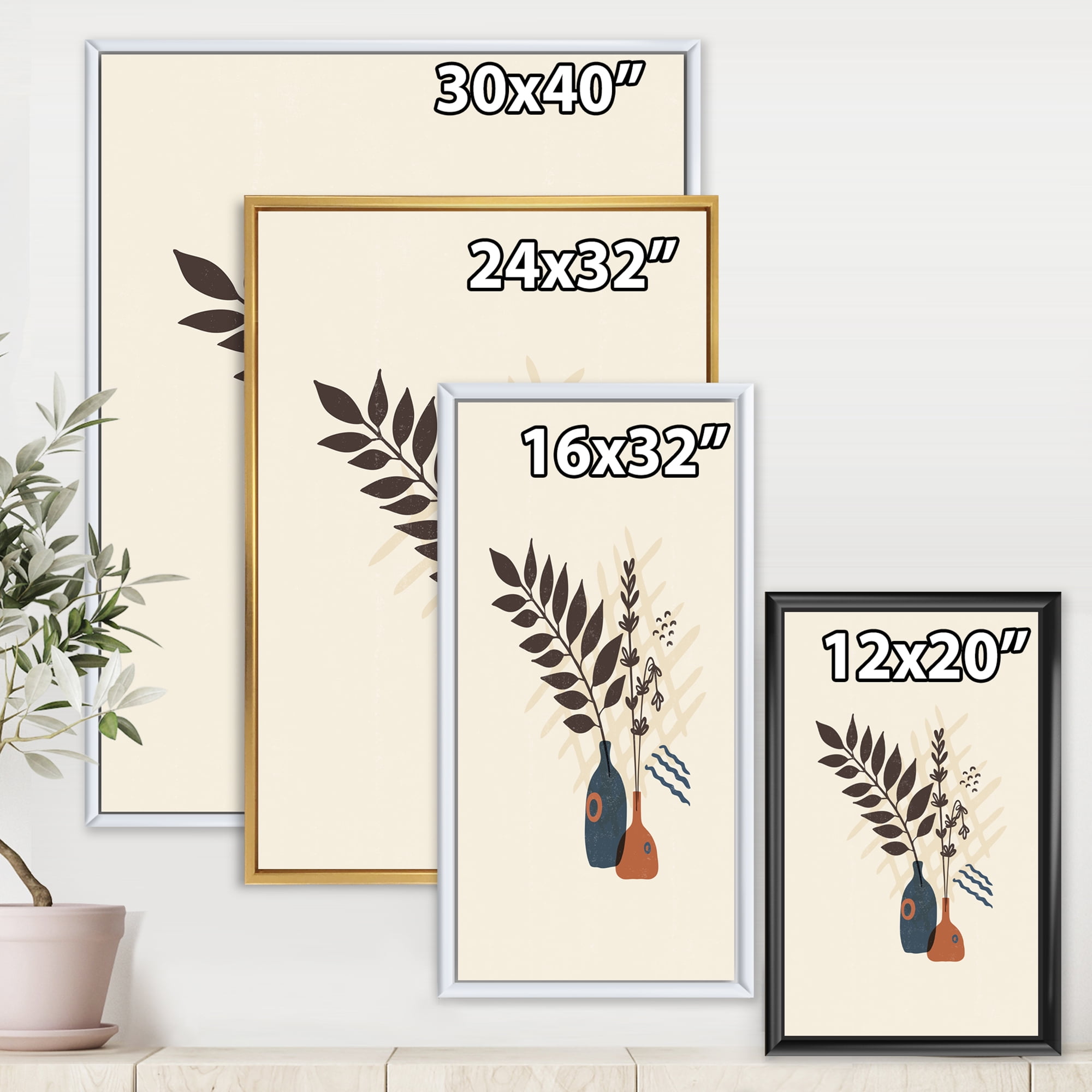 Designart 'Ancient Boho Art Minimalistic Flowers I' Modern Framed Canvas Wall Art Print