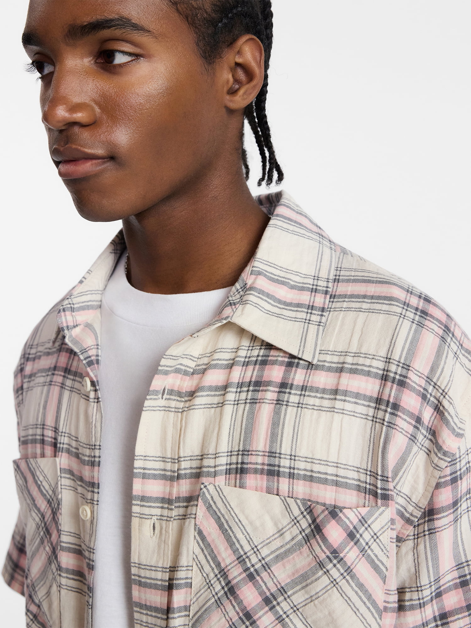 No Boundaries Textured Plaid Button Front Shirt with Short Sleeves, Men's XS-5XL