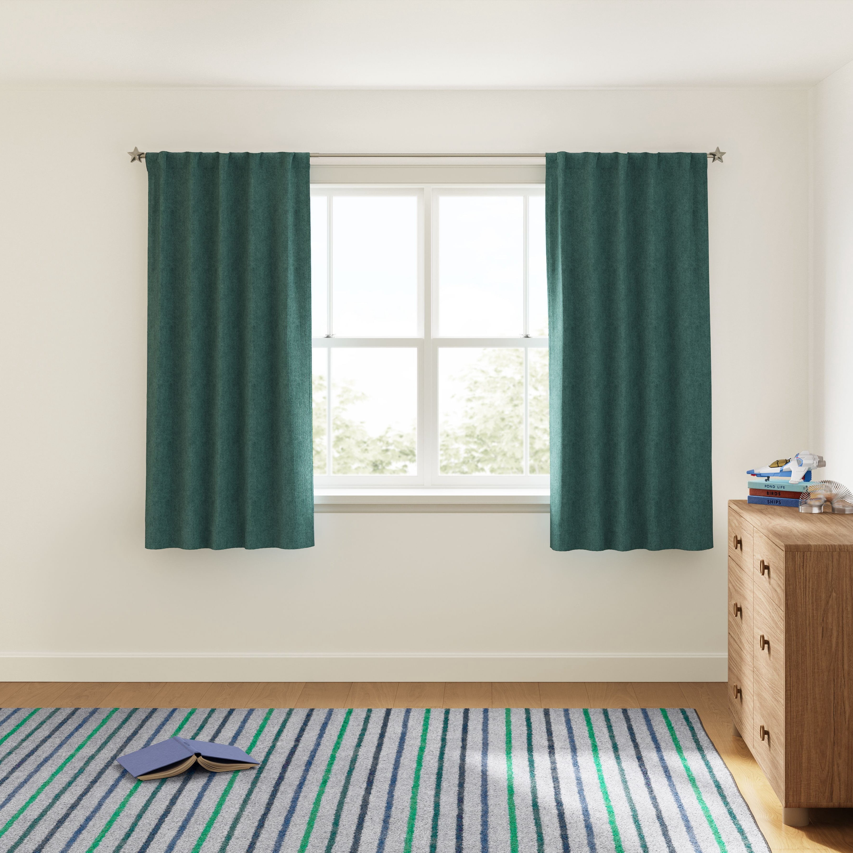Mainstays Kids Dark Green Solid Ribbed Corduroy Blackout Rod Pocket with Back Tabs Single Curtain Panel, Set of 1, 38" W x 63" L
