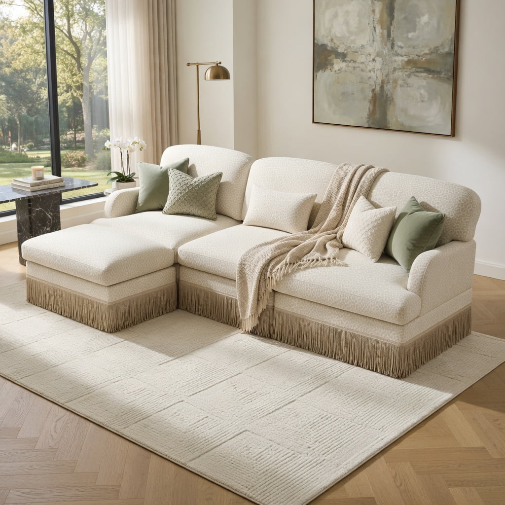 Hommoo 100" Leopard Print Chenille L-Shaped Sofa Set with Movable Ottoman, Tassel Trim & Ergonomic Deep Seat, Modern Living Room Sectional, Beige