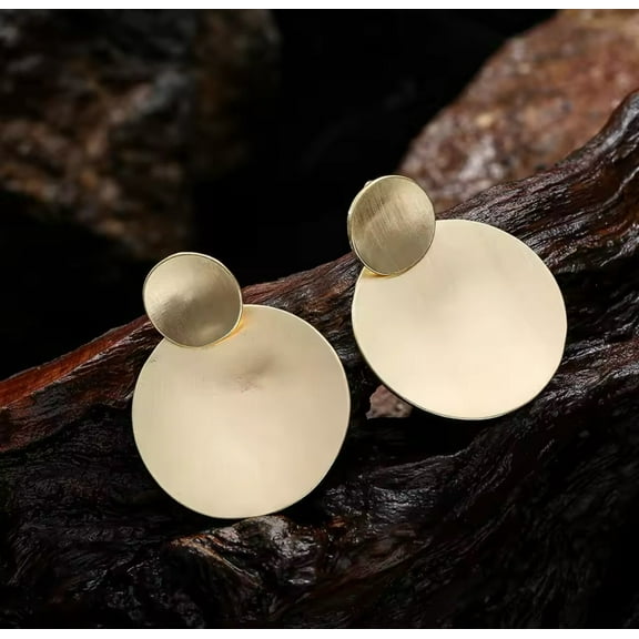 Clip on 2 1/2" matte gold double circle dangle earrings