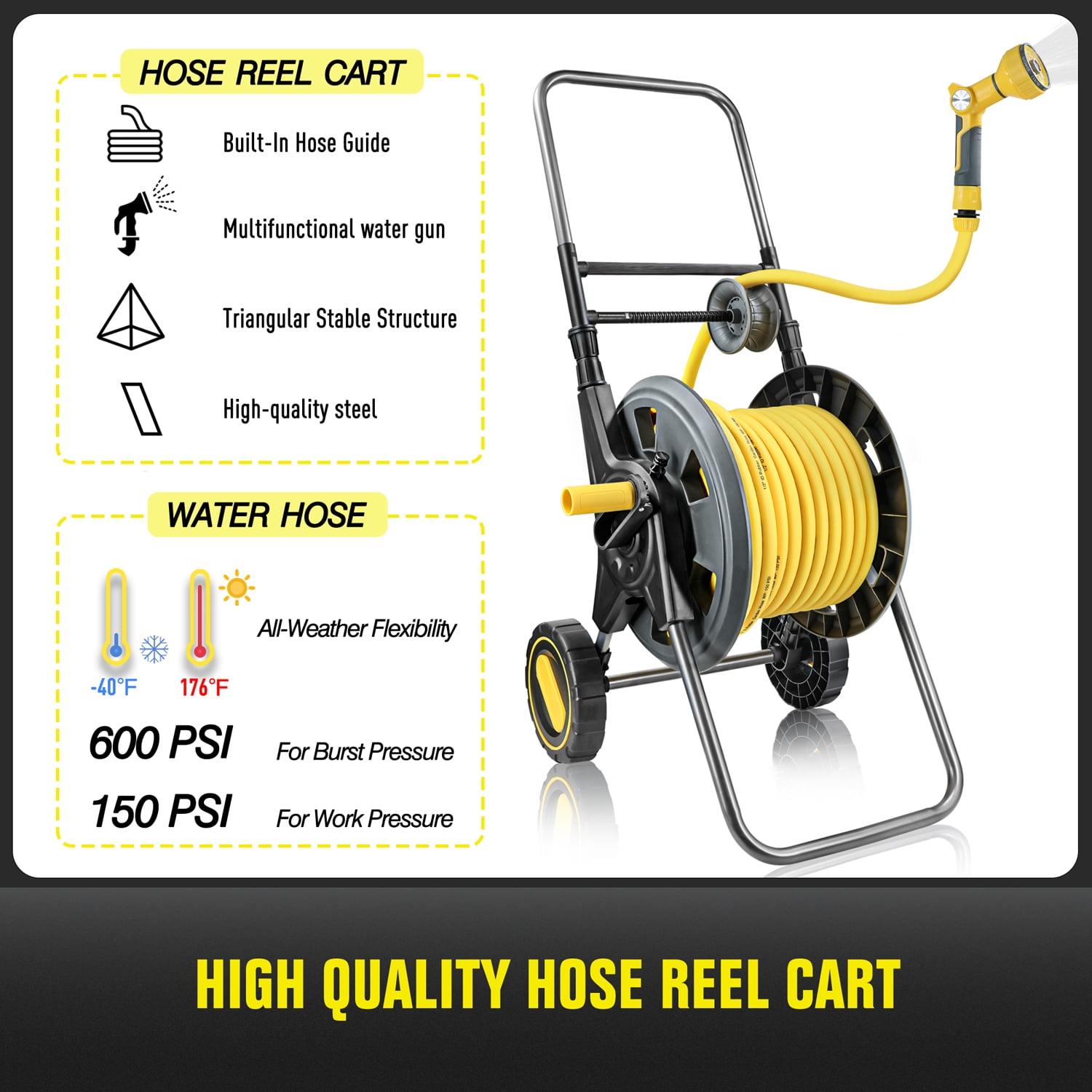 Hose Reel Cart with Wheels, Include 100FT Water Hose and Sprayer Nozzle, Portable Garden Hose Set for Watering Flowers, Cleaning Floors, Washing Cars Outside