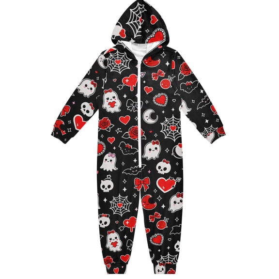 Ghost Heart Boys & Girls Hooded One-Piece Pajamas Warm Crystal velvet Hooded Long Sleeve Loungewear Jumpsuit Unisex