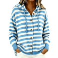 thumbnail image 2 of Women Hooded Button Front Knit Cardigan Top,Striped Outerwear Knitted Hooded,Oversized Drawstring Long Sleeve Loose Soft Sweater Coat,Fall Winter Warm Daily Blouse Business Casual Outfits Blue, 2 of 4