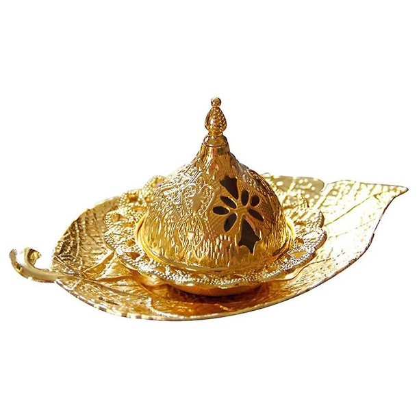 Incensario de bobina de incienso, soporte de incienso, bandeja de aceite de conos aromáticos de torre de hoja dorada de metal para adornos de Ramadán Eid Mubarak (2 piezas, dorado)