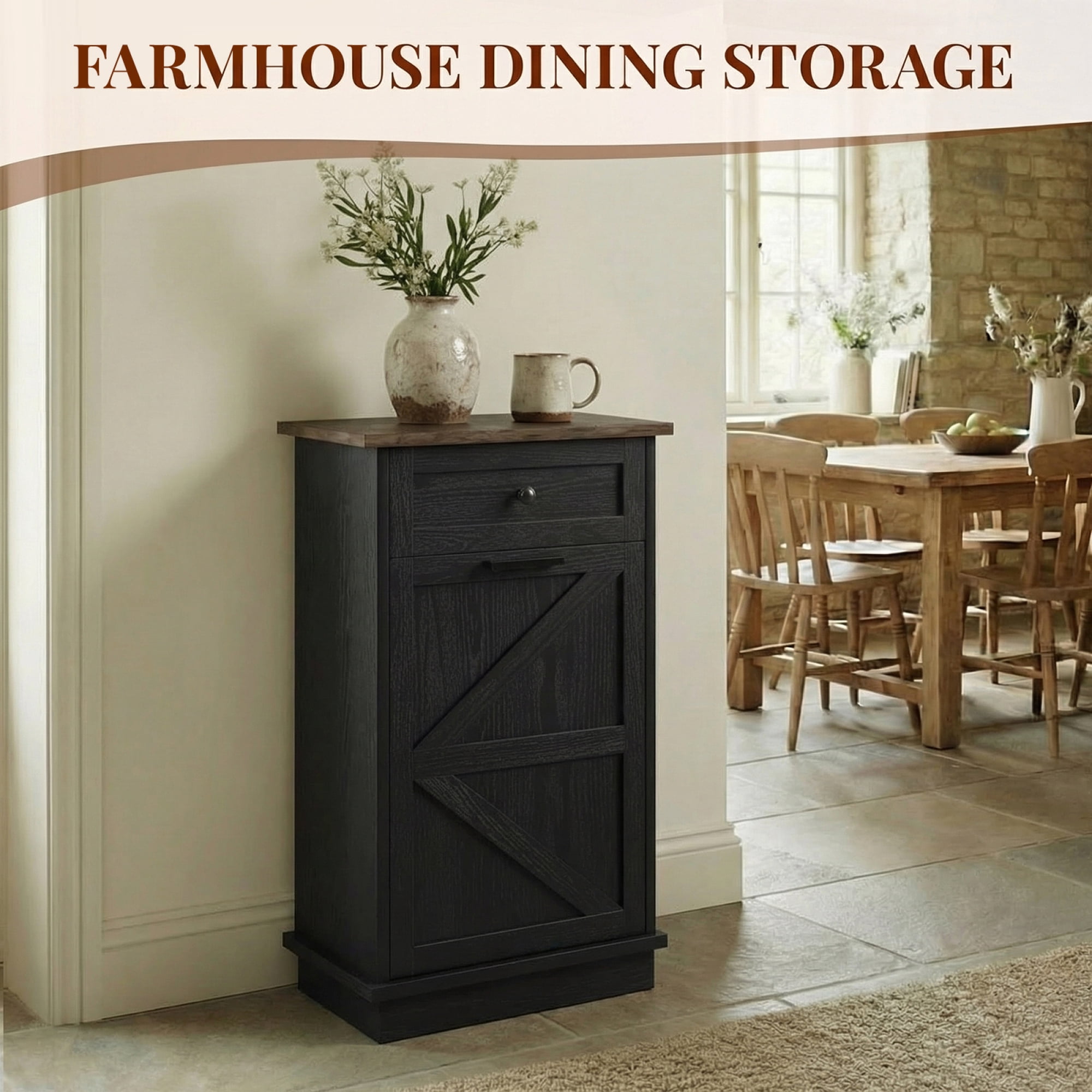 HOQBN Tilt Out Trash Can Cabinet, 10-Gallon Farmhouse Hidden Garbage Cabinet with Drawer, Dog Proof Wooden Trash Storage Cabinet for Kitchen, Laundry, Living Room, Office Black+Brown