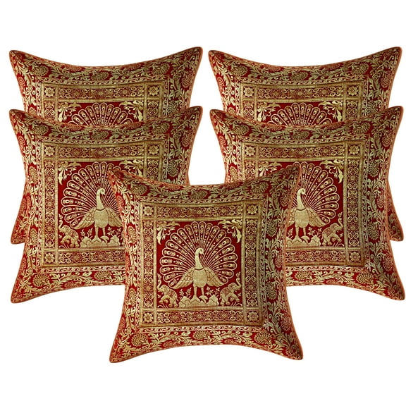 Stylo Culture Ethnic Couch Brocade Red And Gold Throw Pillow Covers 16x16 Jacquard Weave Banarsi Thanksgiving Throw Pillow Covers Dancing Peacock Floral 40x40 cm Decorative Cushion Covers (Set Of 5)