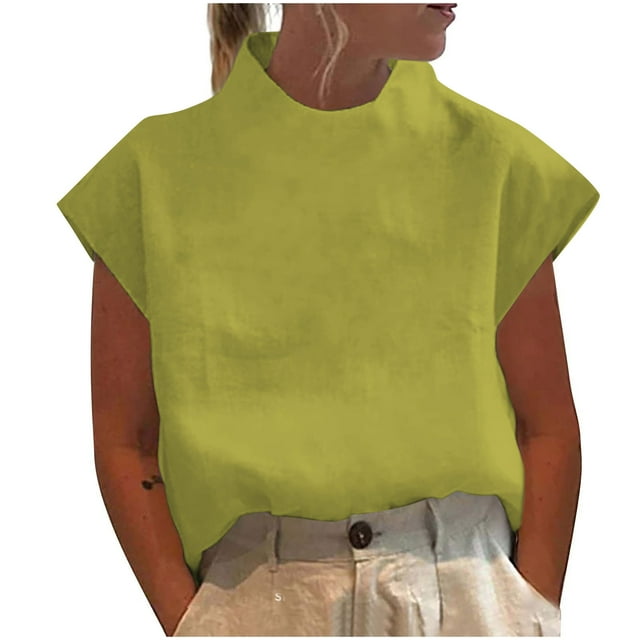 Olyvenn Hauts en Coton et Lin pour Femmes Manches Courtes Habillées T-Shirts Amples Couleur Unie Col Roulé Tunique Décontractée de Travail Blouses Vert TG