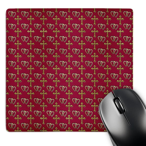 3dRose, Small gold entwined hearts and cross on a maroon or burgundy background., MousePad