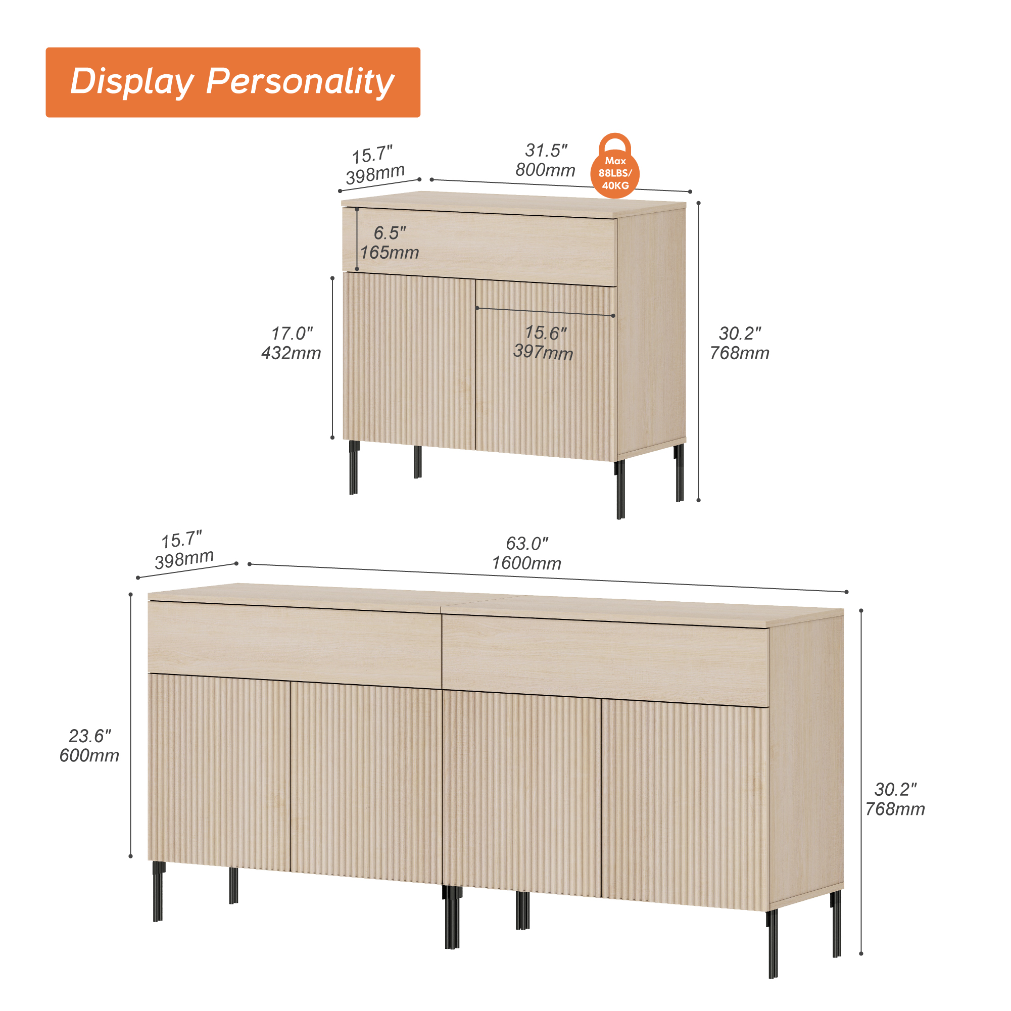 63" Reeded Accent Cabinet Set with 4 Doors and Drawers, Modern Credenza Storage Cabinet with Metal Legs for Living Room, Kitchen, Dining Room, Hallway