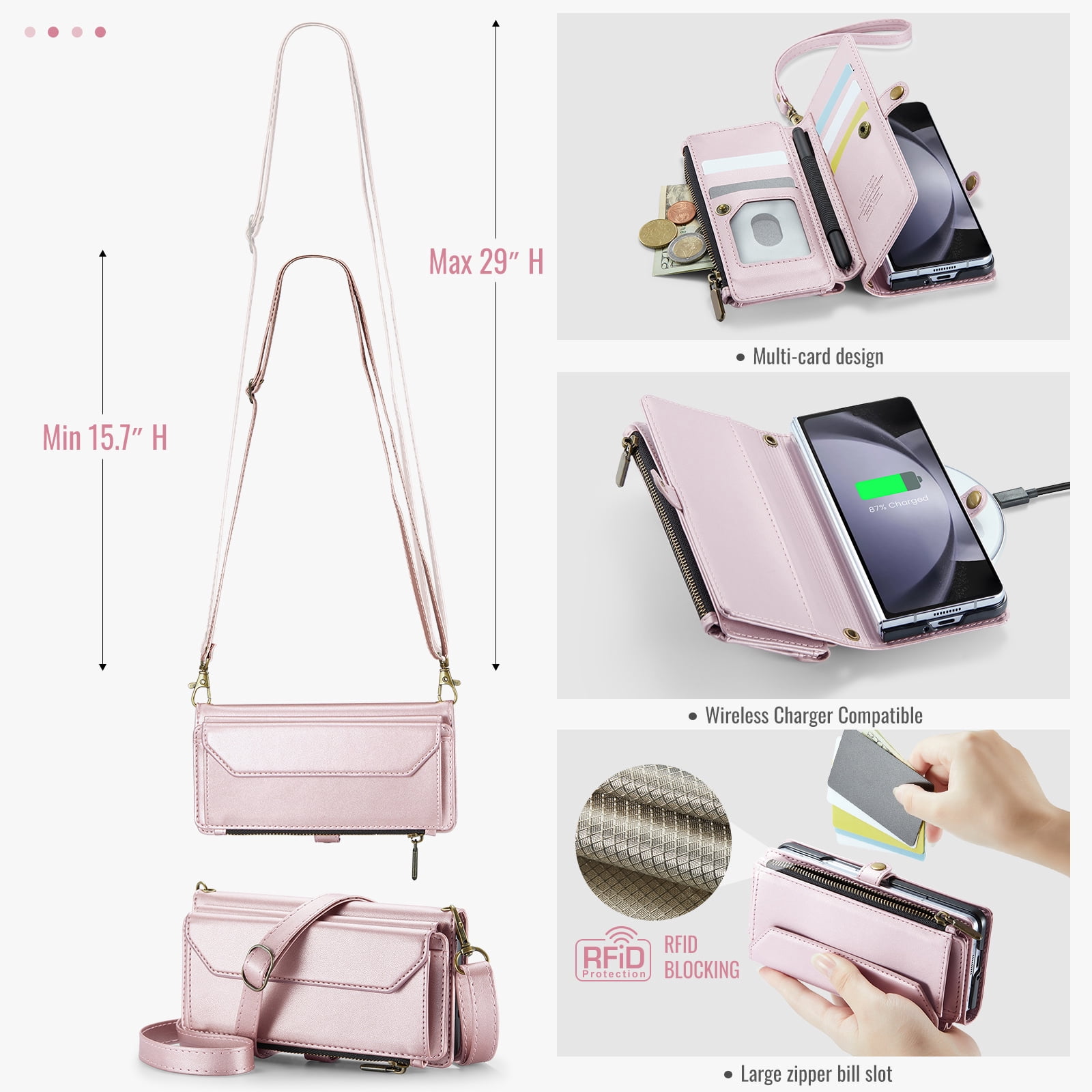 Asuwish Compatible with Samsung Galaxy Z Fold 5 5G 2023 Zipper Wallet Phone Case With pen slot Crossbody Lanyard Strap Flip Card Holder Slot Cell Cover for ZFold5 Z5 G Fold5 5Z Women Girls Rose Gold