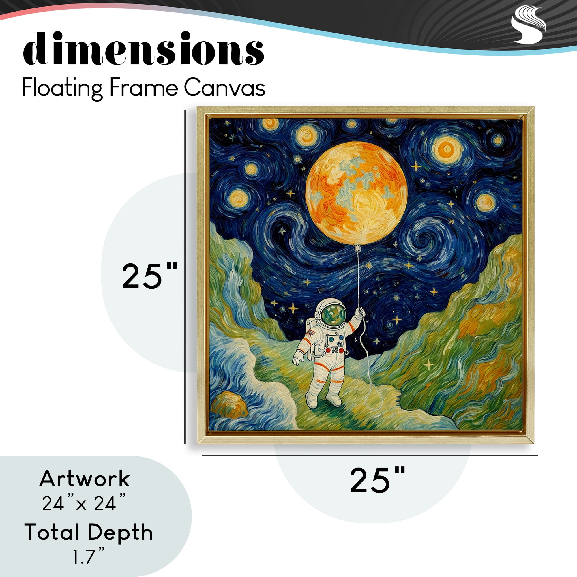Impressionist Astronaut in Space Gold Framed Floater Canvas Wall Art, design by Angie Hawke