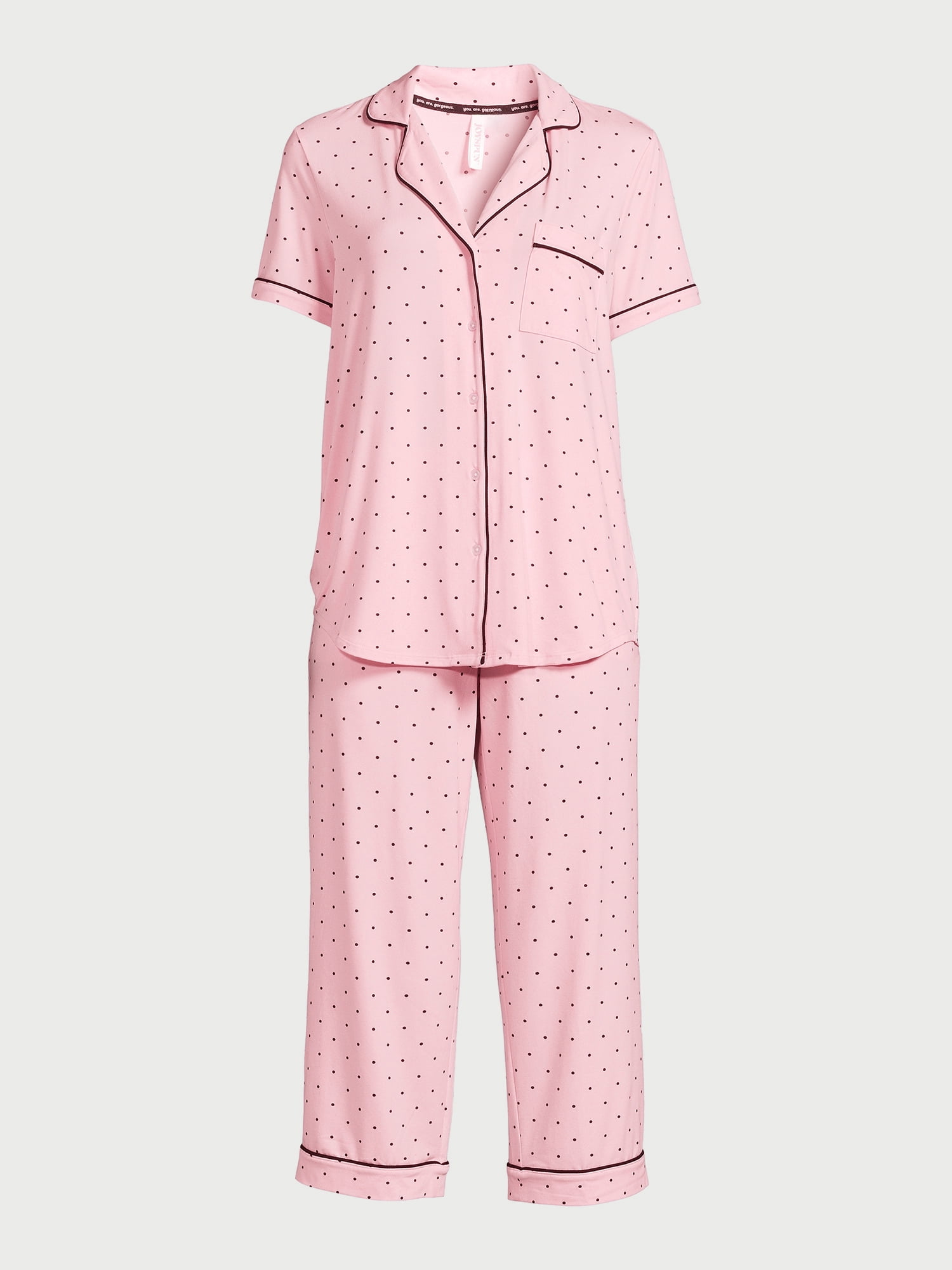 Joyspun Women's Knit Short Sleeve Notch Collar Top and Capri Pajama Set, 2-Piece, Sizes S to 3X