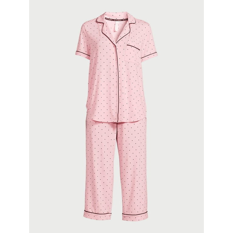 Joyspun Women's Knit Short Sleeve Notch Collar Top and Capri Pajama Set,  2-Piece, Sizes S to 3X 