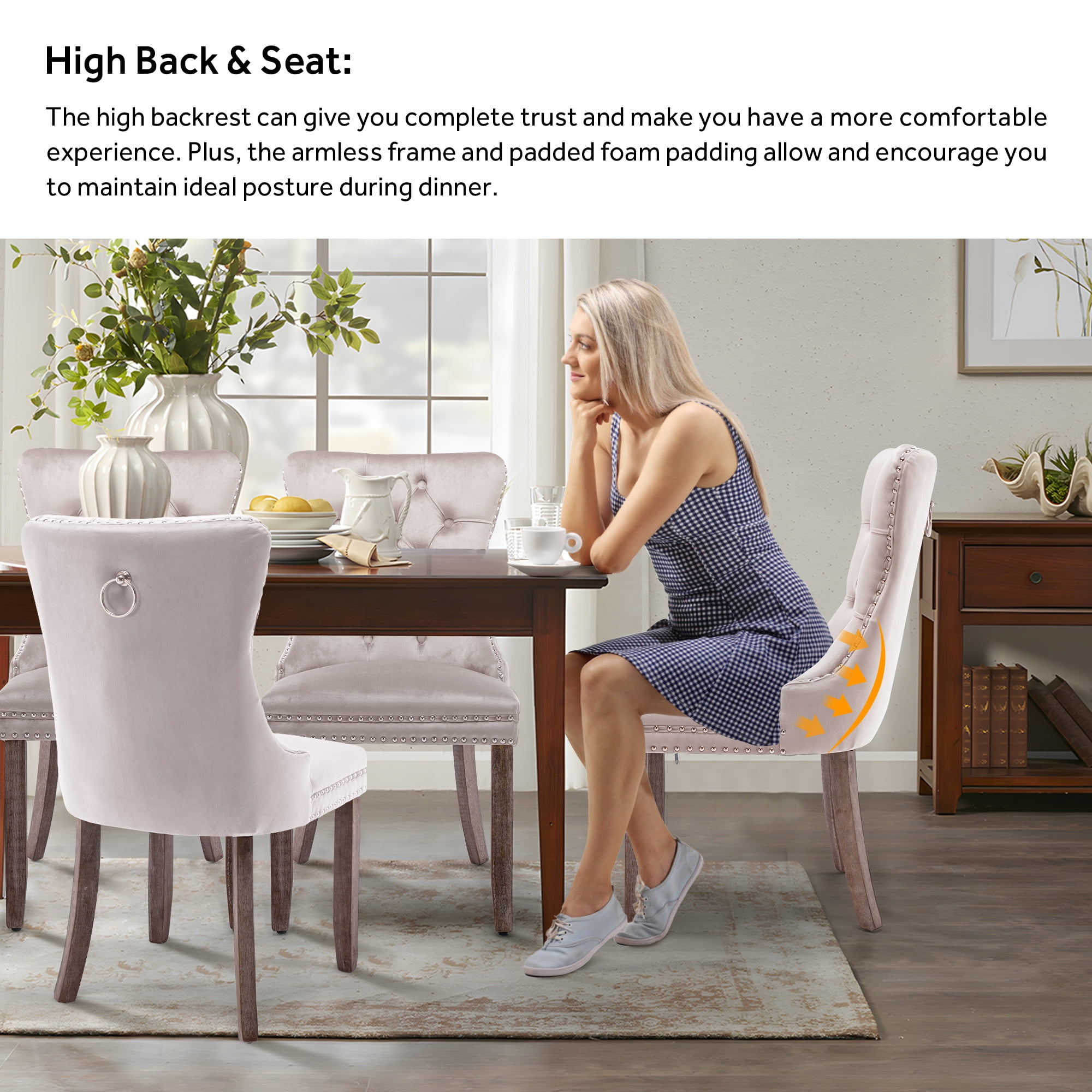 DONICK Velvet Beige Upholstered Dining Chairs Set of 2, Kitchen & Dining Room Chairs Nailheads Tufted Soft Solid Wood Frame