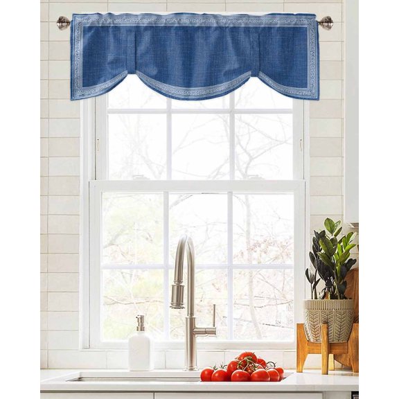Tie Up Valance Curtain for Kitchen, Farmhouse Navy Blue Linen Pattern Rod Pocket Short Curtains Adjustable Tie-Up Shade Valances, Vintage Abstract Art Window Treatment for Bathroom Living Room Bedroom