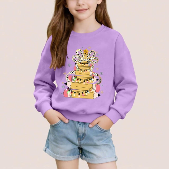 Cowsor Chandails en Molleton pour Filles Enfants Mignon Graphique Col Rond Chandail Tops Xmas Manches Longues Chemises de Vacances