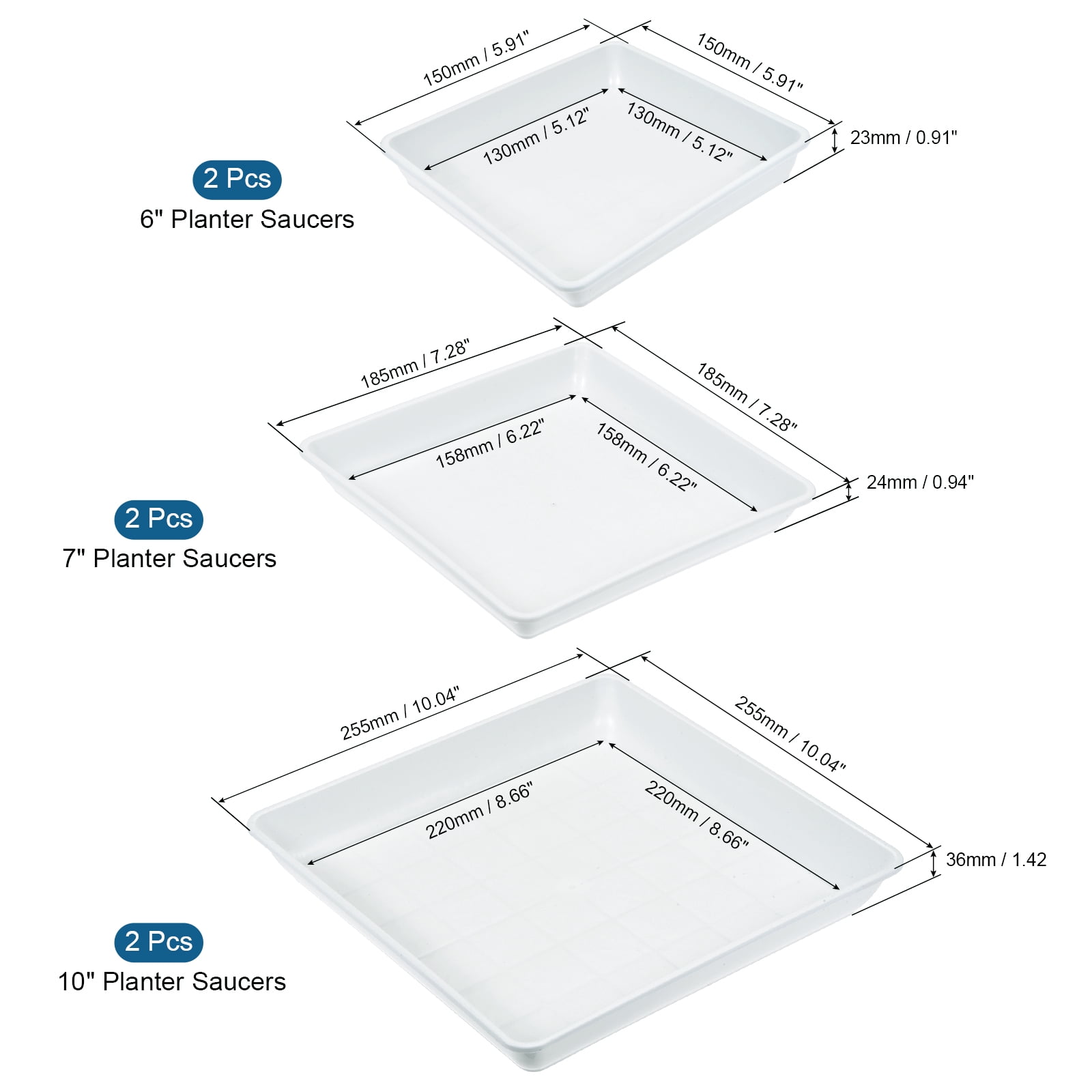 Uxcell 6" 7" 10" Plastic Square Plant Pot Saucer Flower Drip Tray, White 6in1 Set