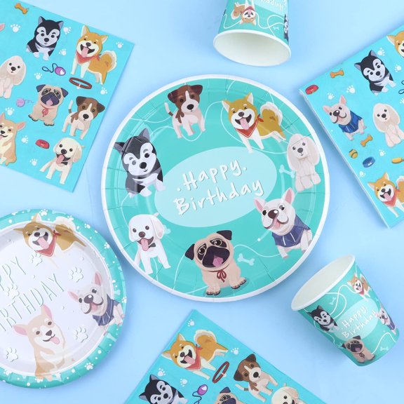 PAFU Dog Themed Birthday Party Supply Set, Blue, 64 Pieces, for 16 Guests