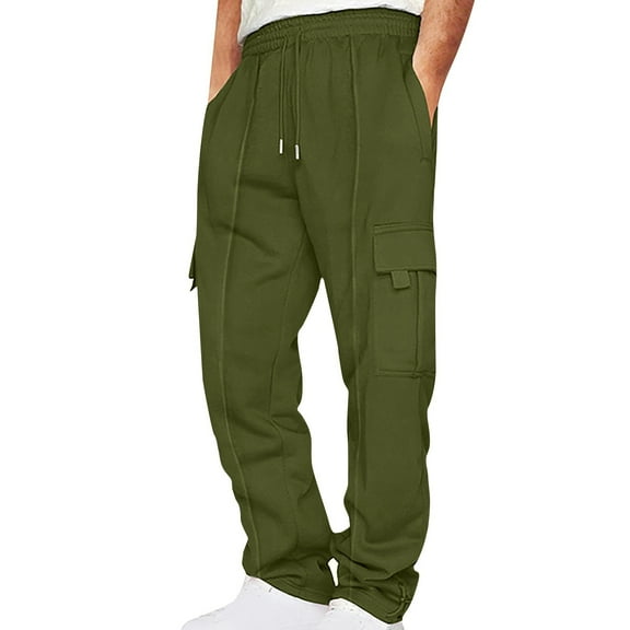 Yusimy Men's Work Cargo Pants Solid Color Loose Fit Elastic-Waist Multi-Pocket Casual Sporty Utility Style