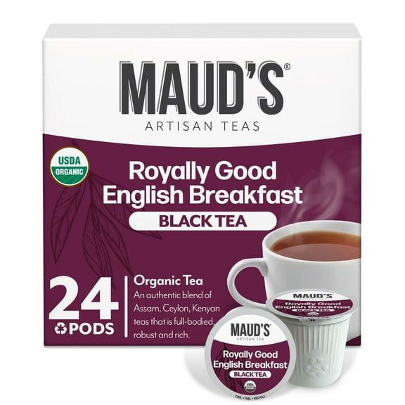 Maud's Organic English Breakfast Black Tea Pods, 24 ct, Recyclable Single Serve Pods – 100% Gourmet Blended Tea Leaves, Compatible with Keurig K Cups Maker