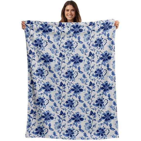Blue Flower Blanket Soft Cozy Warm Twin Blanket for Bed, Plush Fuzzy Flannel Fleece Blankets for Sofa, Country Watercolor Floral Vintage Plant Throw Blankets for Couch, Gifts for Men, 60"x80"