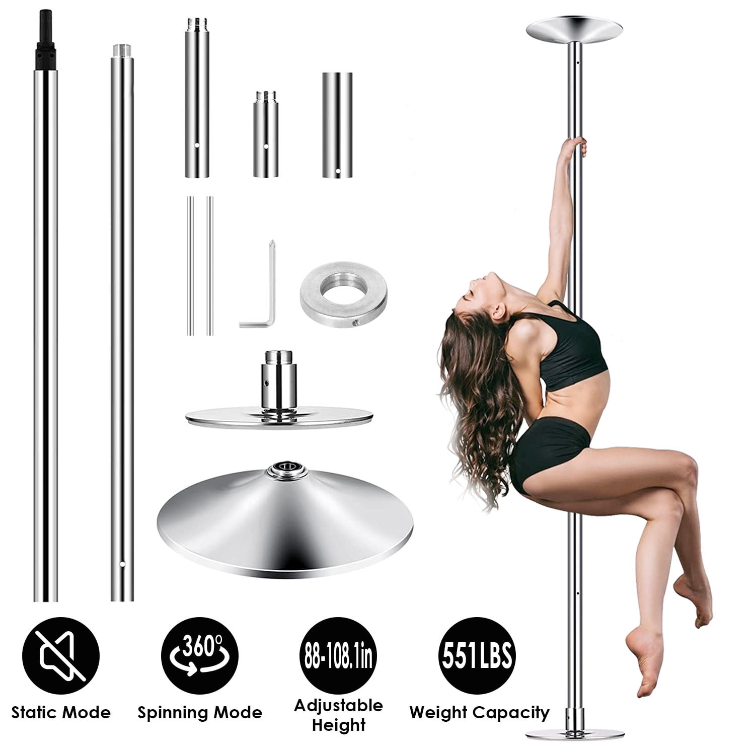 Dance Pole for Home, iMounTEK Stripper Dance Pole 45mm Spinning Static  Dancing Pole with 88-108.1in Adjustable Height 551Lbs Weight Capacity for