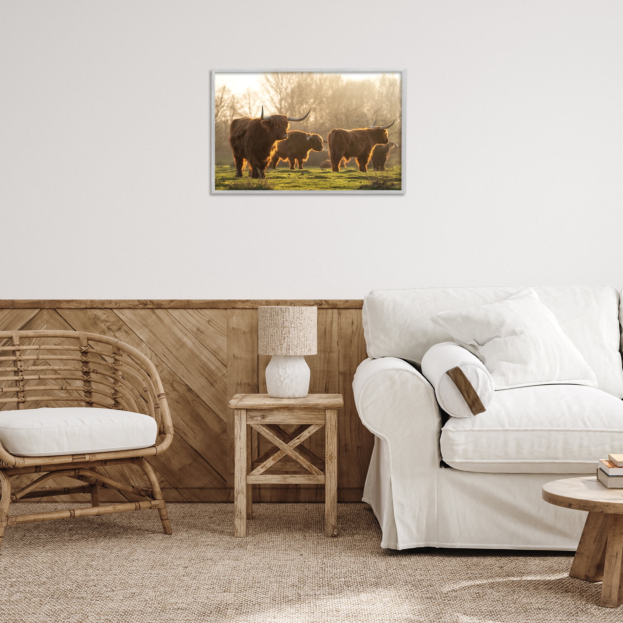 Stupell Industries Longhorns in Foggy Pasture Animals & Insects Photography Gray Framed Art Print Wall Art, 24 x 16