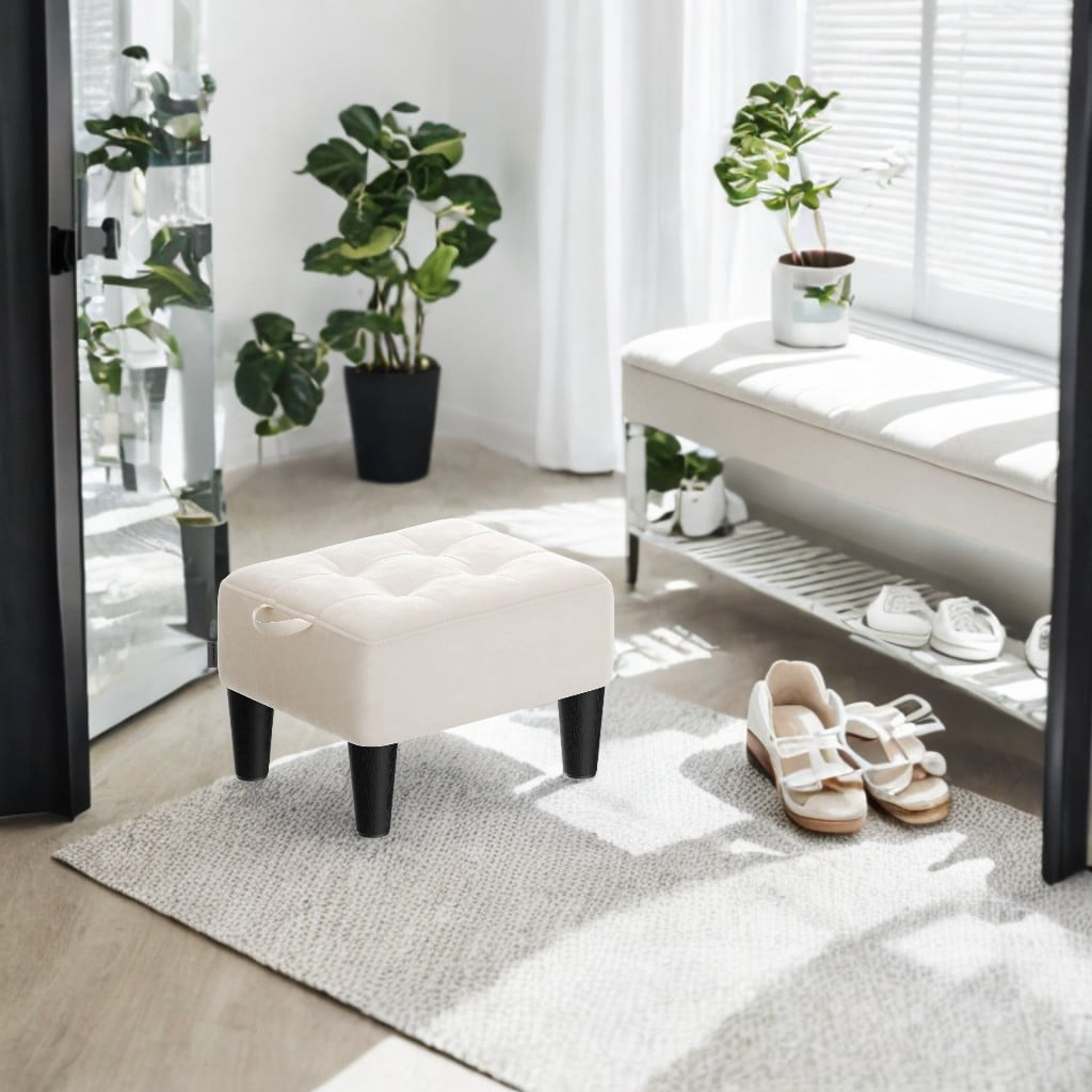 LEDREM Small Ottoman Foot Stool with Thick Cushion, Footrest with Sturdy Angled Legs for Living Room, Bedroom, Entryway, Cream White