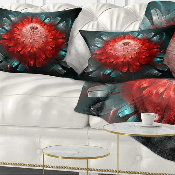 Designart Fractal Red N Blue Flower - Floral Throw Pillow - 12x20