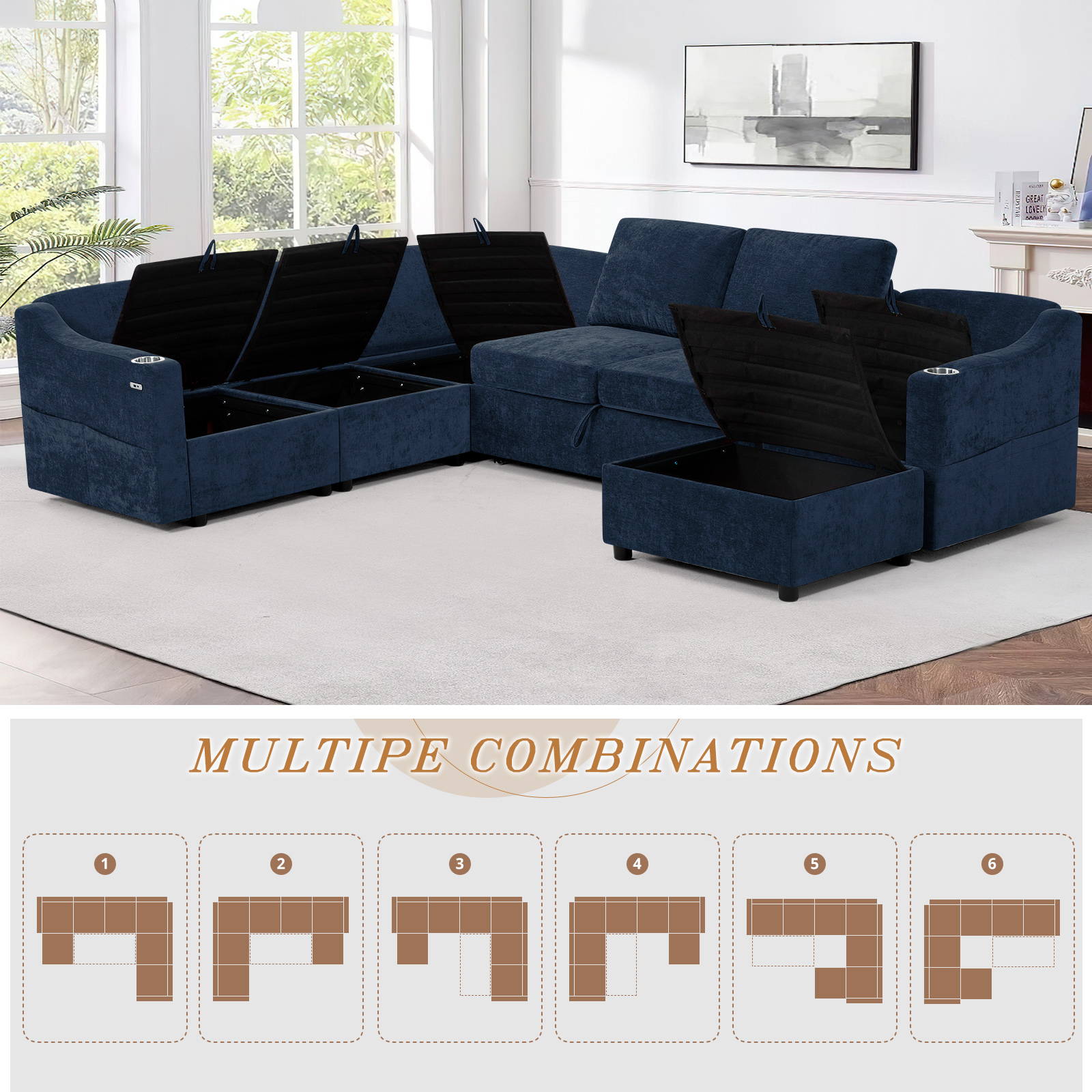 ACMEASE 116 Inches Chenille Sectional Couch w/Adjustable Backrests & Ottoman, Convertible U Shape Sleeper Sofa w/USB Ports, Modular Corner Sofa w/Pull-Out Bed & Storage Space for Living Room, Blue