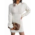 thumbnail image 2 of Casual Cable Knit Sweater Dress with Tie-Waist for Female, Autumn Winter Bodycon Tight Long Sleeve Tunic White L, 2 of 10