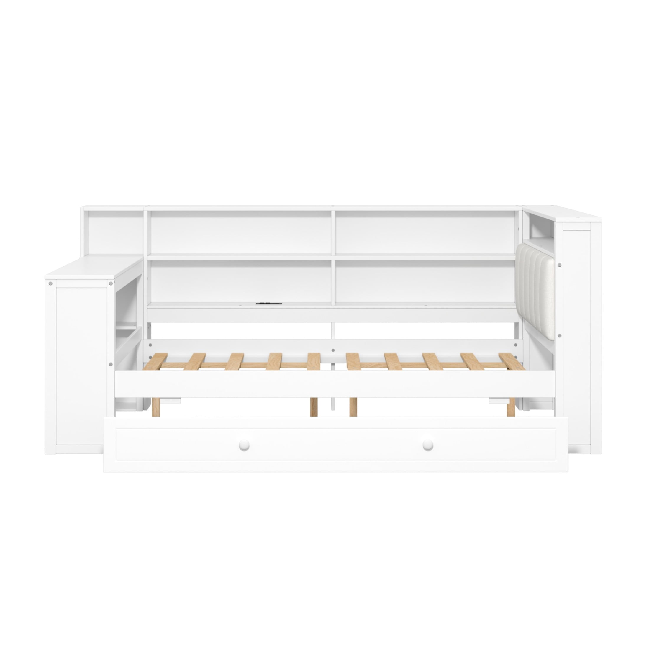 Noble House Full Platform Bed with Storage Shelves and Trundle, LED Desk and Integrated USB, Upholstered Headboard, White