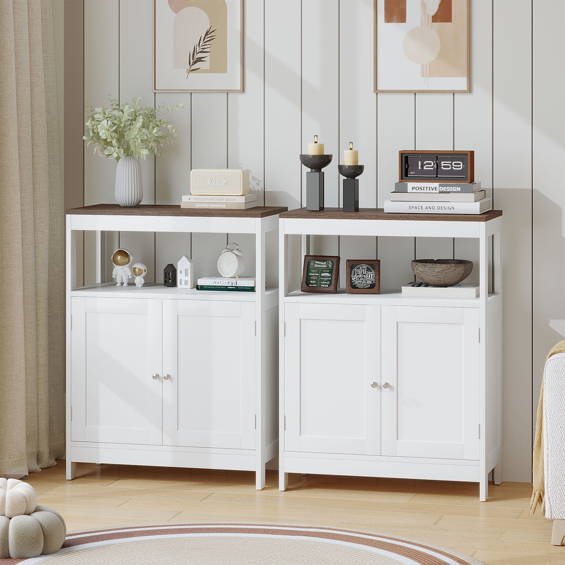 S-HOME Storage Cabinet with Double Doors in White, Free-Standing Design, Adjustable Shelf for Bathroom or Kitchen Use