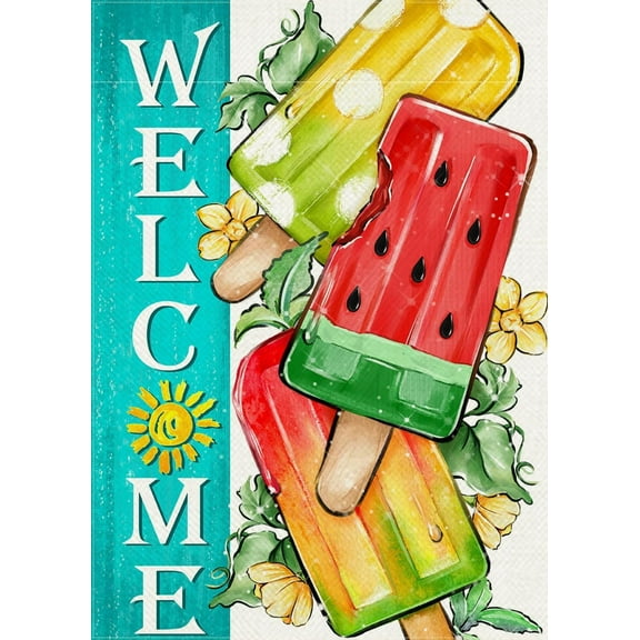 Welcome Summer Watermelon Popsicles Decorative Garden Flag, Sun Yellow Flower Yard Outside Decorations, Seasonal Burlap Outdoor Small Home Decor Double Sided 12.5 x 18