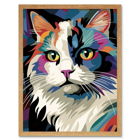 Fluffy Ragdoll Cat Portrait Colourful Purple Blue Black Modern Flt Style painting Art Print Framed Poster Wall Decor 12x16 inch